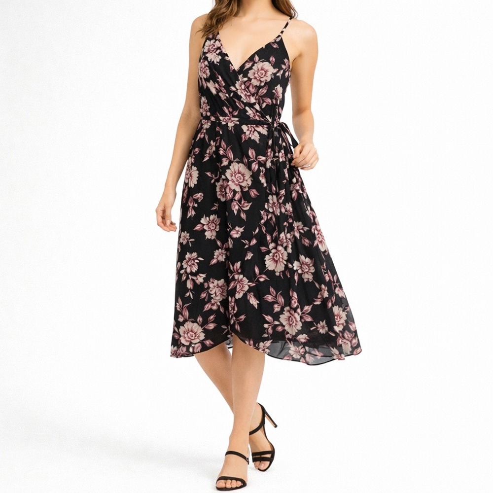 ALI & JAY Floral Print‎ Pleated Faux Wrap Midi Dress. Size Medium